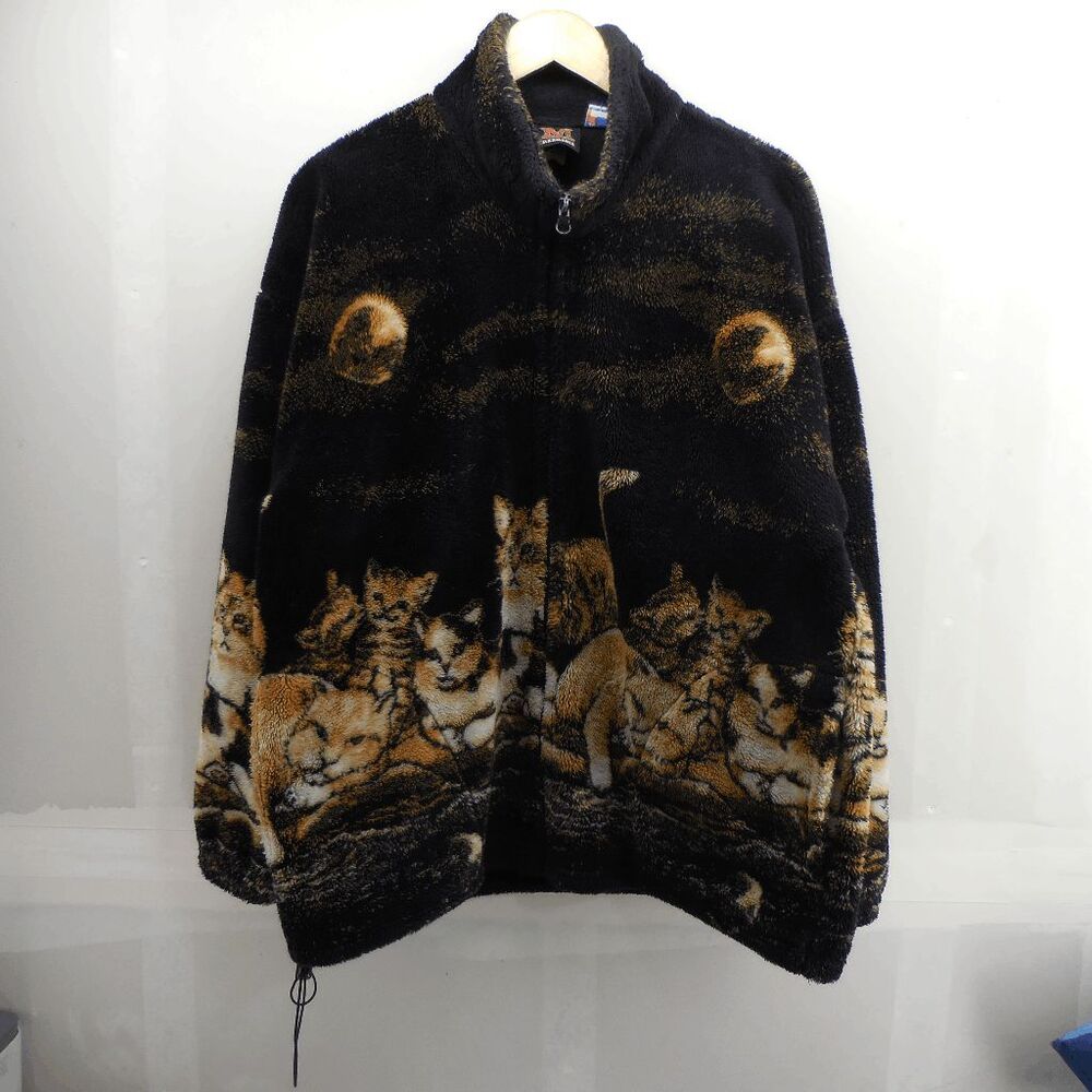Vintage MAZMANIA Deep Pile Fleece Zip Up Jacket Unisex Medium Kitty Cats USA